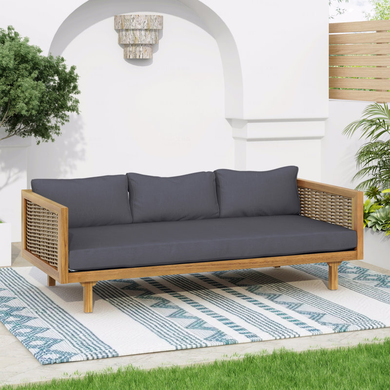 Outdoor 3-Seater Acacia Wood Daybed with Rattan Arms & Water-Resistant Dark Grey Cushions, Gray