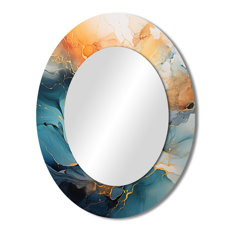 Teal Orange Bold Abstract Flow Collage II - Teal Bold & Eclectic Modern Oval Wall Mirror, 43" x 33"
