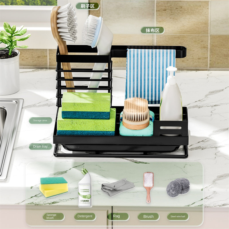 Multifunctional Kitchen Sink Organizer Caddy - Draining Rack For Sponges, Brushes, Towels