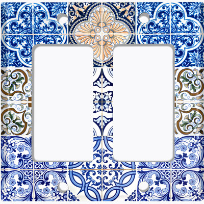 Metal Light Switch Plate Outlet Cover (Elegant Blue Tile Patch  - Double Rocker)