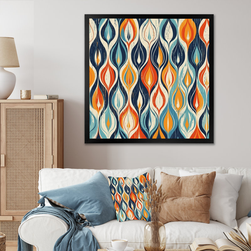 Symphonie botanique orange et bleue III sur toile, H 16 po x l 16 po x P 1 po, Cadre simple noir