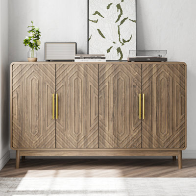 Buffet minimaliste à 4 portes pour garder votre chambre bien rangée. Il comporte un bord incurvé, des tablettes réglables et une poignée dorée. Fabrication. Dimensions: L 56,46 po x l 15,37 po x H 32,85 po. Espaces de vie élégants.
