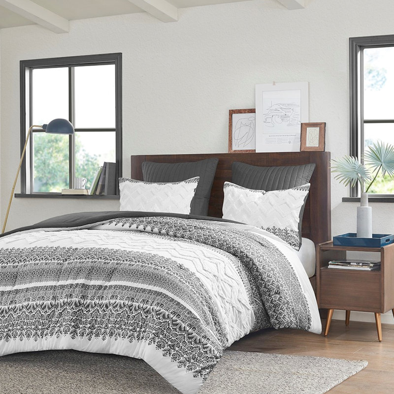Édredon très grand / très grand en coton 3 pièces avec revers gris uni et touffetage doux en chenille