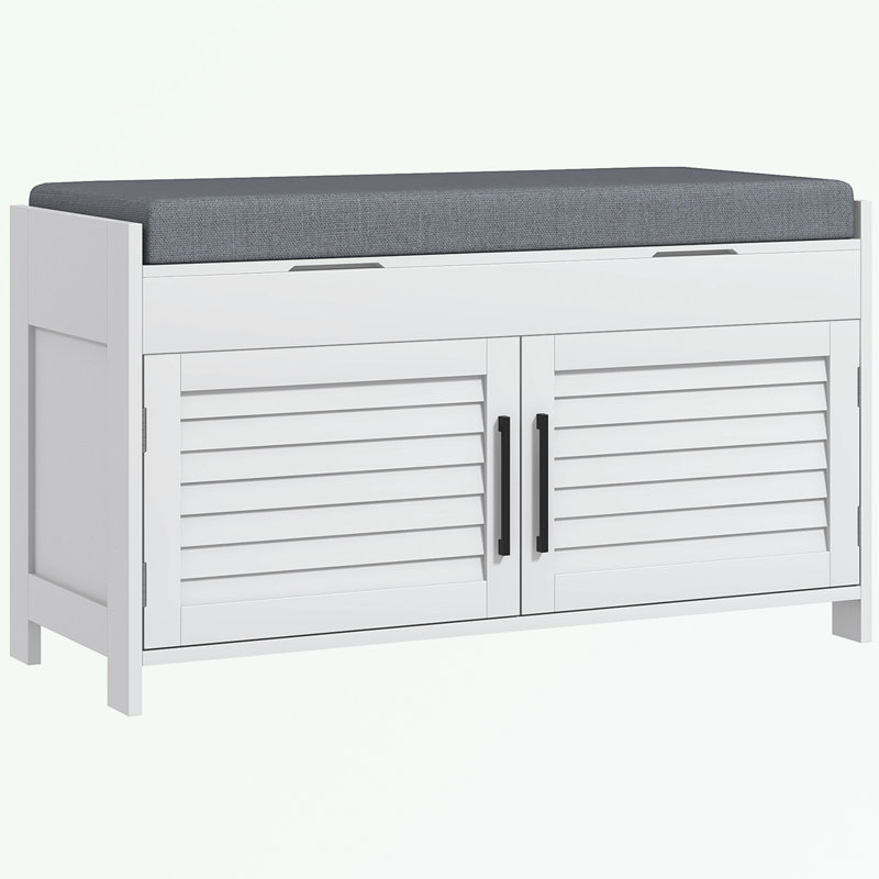 White Entryway Shoe Storage Bench with Gray Cushion and Shutter Doors