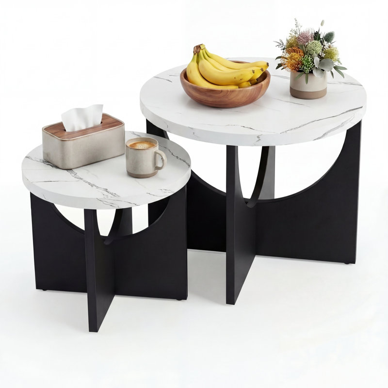 23.6" Round Nesting Coffee Tables Set Of 2, Solid Wood Side Tables Space-saving Design For Small Living Rooms And Apartments