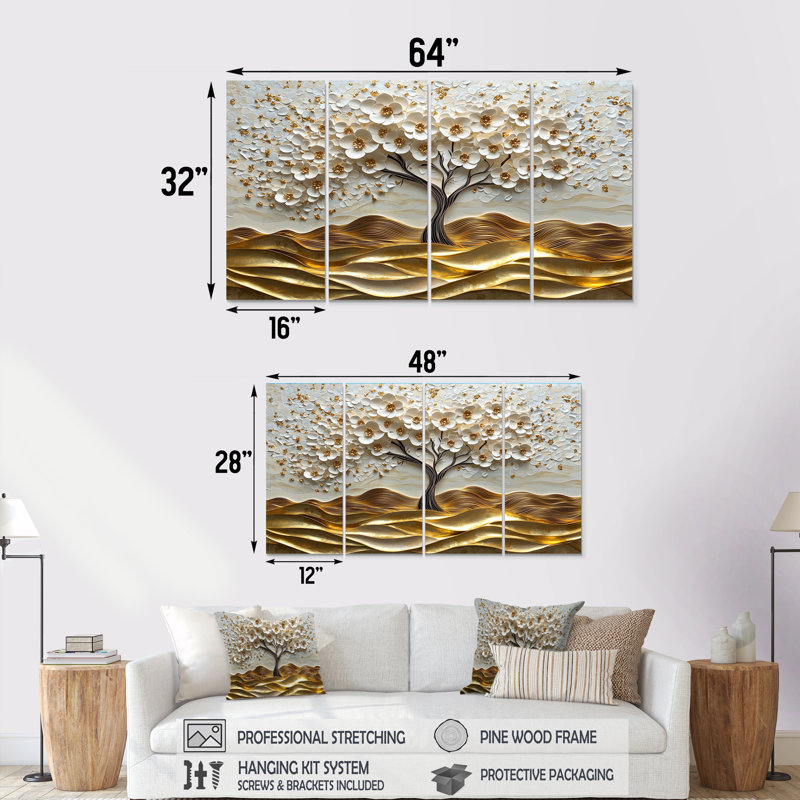 Ensemble de salon art mural blanc Folk Art Basswood Gold Tree, H 32 po x l 64 po