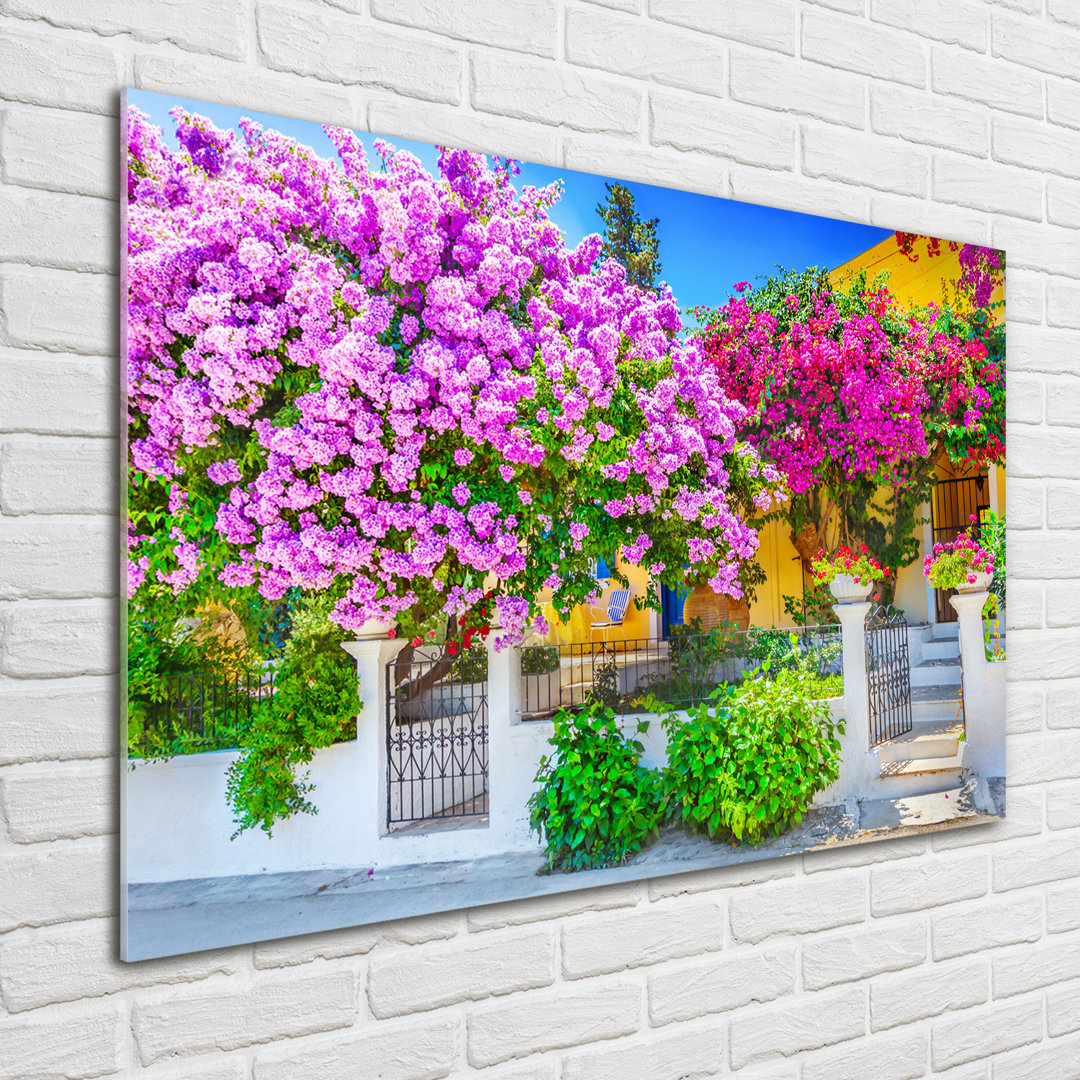 Glasbild Haus mit Bougainvillea