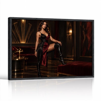 Woman in Black and Red Dress and Thigh High Boots Canvas Wall Art
