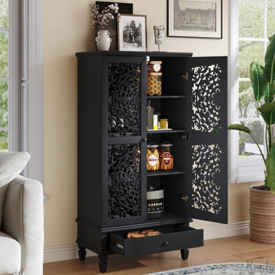 Armoire de rangement rustique de 55 po de hauteur avec tiroir, armoire décorative en bois sculpté à 2 portes avec pieds en bois massif pour le salon, le couloir et la salle à manger