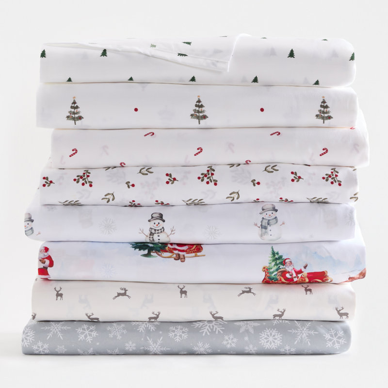Christmas Sheet Sets - Holiday Prints, Cal King Sheet Set with 2 Pillowscases, Pinetree White
