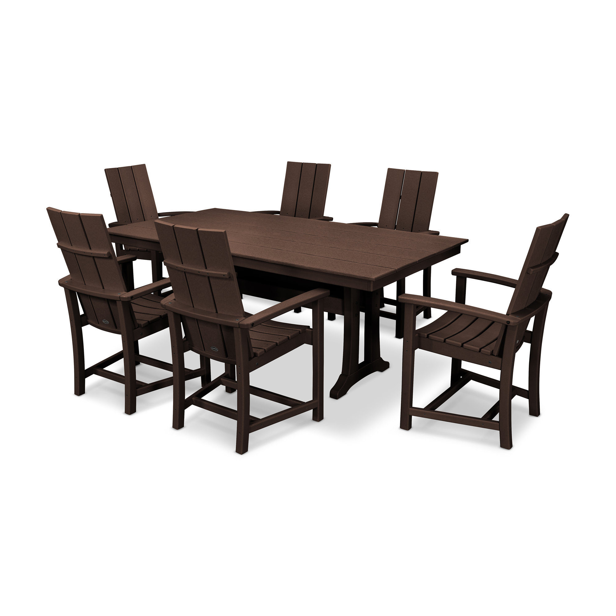 POLYWOOD Modern Adirondack 7-Piece Farmhouse Dining Set with Trestle Legs, Mahogany