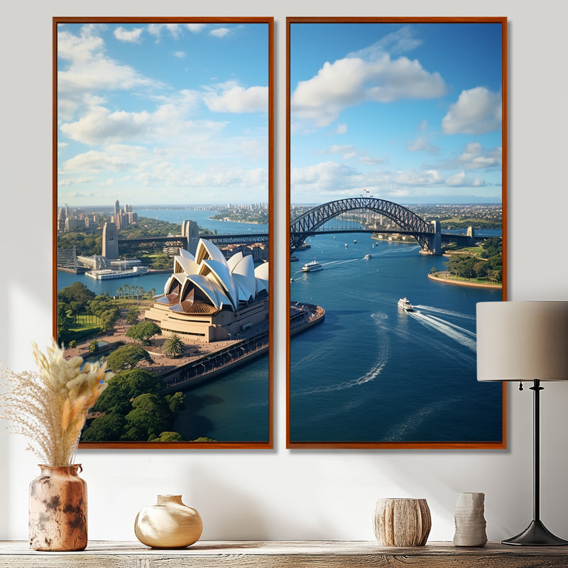 Australie, Sydney, icônes I - bleu sarcelle, art mural traditionnel, 2 panneaux, 40" H x 40" W, Impression encadrée flottante