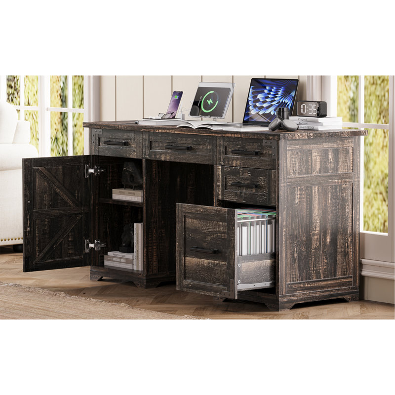 Bureau de direction 55 po avec station de charge et prise de courant, bureau d'ordinateur personnel avec 5 tiroirs et armoire, table de travail en bois rustique avec tiroir classeur, gris rustique