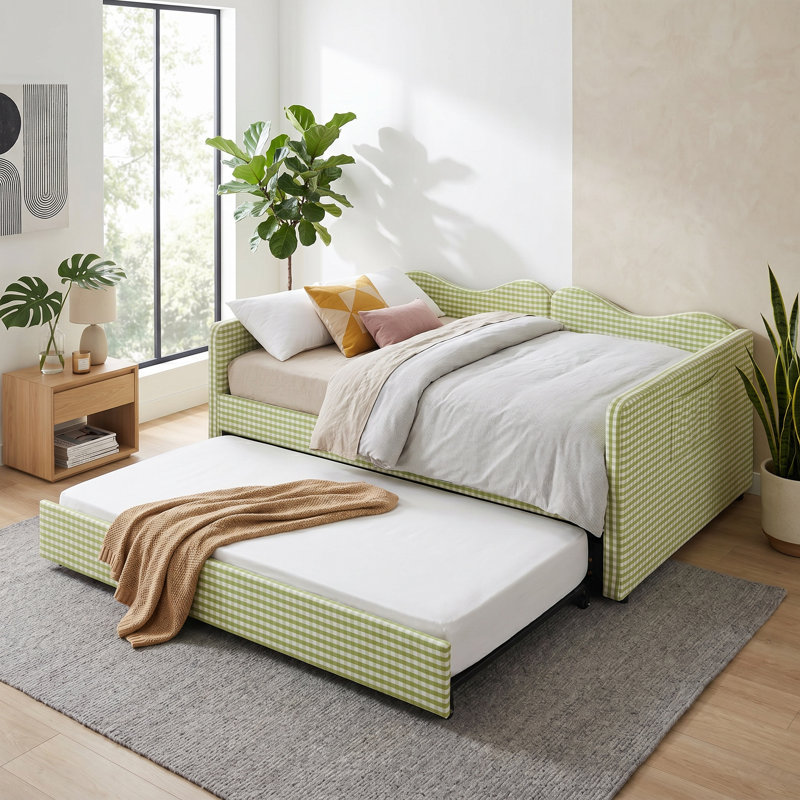 Lit de jour double avec lit gigogne escamotable, canapé-lit en vichy rembourré avec poche de rangement latérale, structure en bois massif, lit de jour multifonctionnel 3 en 1 pour chambre à coucher, chambre d'amis