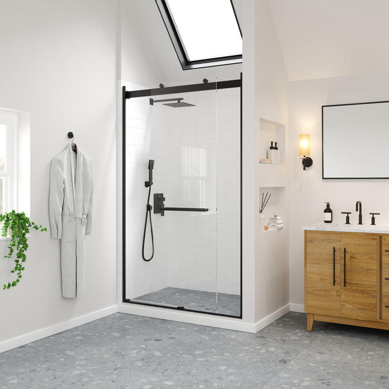 Eviva Glide 48 In. W X 78 In. H Sliding Frameless Shower Door In Matte Black With Tempered Glass, Matte Black