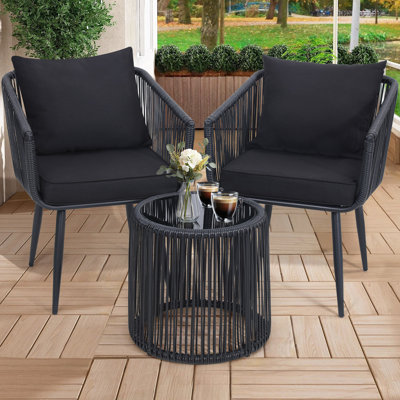 3 Pieces Patio Rattan Bistro Conversation Set, Outdoor All-Weather Wicker Furniture, Black