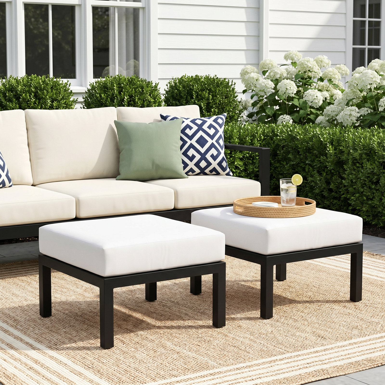 Madison Metal Outdoor Ottoman with Cushion, Alabaster
