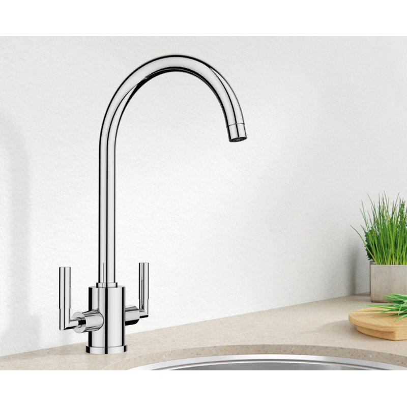 Eye Pull Down Touch Twin Lever Monobloc Tap, Brushed Steel