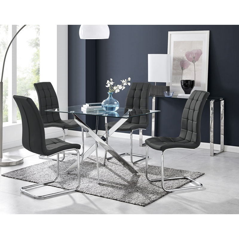 Lenworth Chrome and Glass Rectangular Dining Table Set with 4 Modern Faux Leather Chairs, Black
