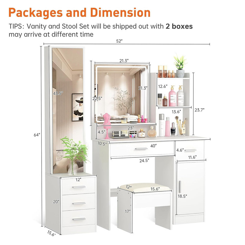 Makeup Vanity Desk with Lights and Full-Length Mirror, Vanity Table Set with 3 Lighting Modes, Dressing Table with Drawers, Large Vanity Desk for Bedroom, Outlets and Stool included