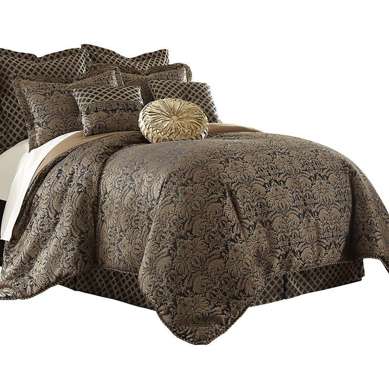 Valencia 9-Piece Black Gold Floral Jacquard  Comforter Set, Queen Comforter + 8 Additional Pieces