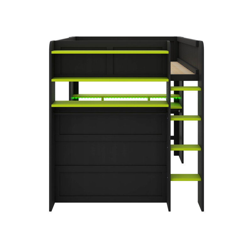 Lit superposé double en bois avec bureau, garde-robe, grand espace de rangement et lumière RVB, Vert