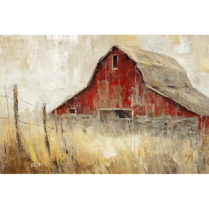 «Barnside Memory - Rustic Meadow Landscape», art mural sur toile tendue, H 32 po x l 48 po x P 1,5 po