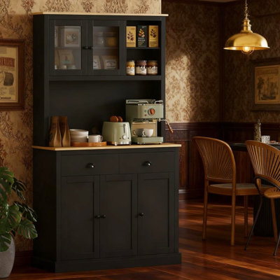 Armoire de cuisine autoportante noire de 71 po de hauteur avec tablettes réglables, comptoir large et garde-manger en bois massif avec deux tiroirs, quatre tablettes, un décor contemporain
