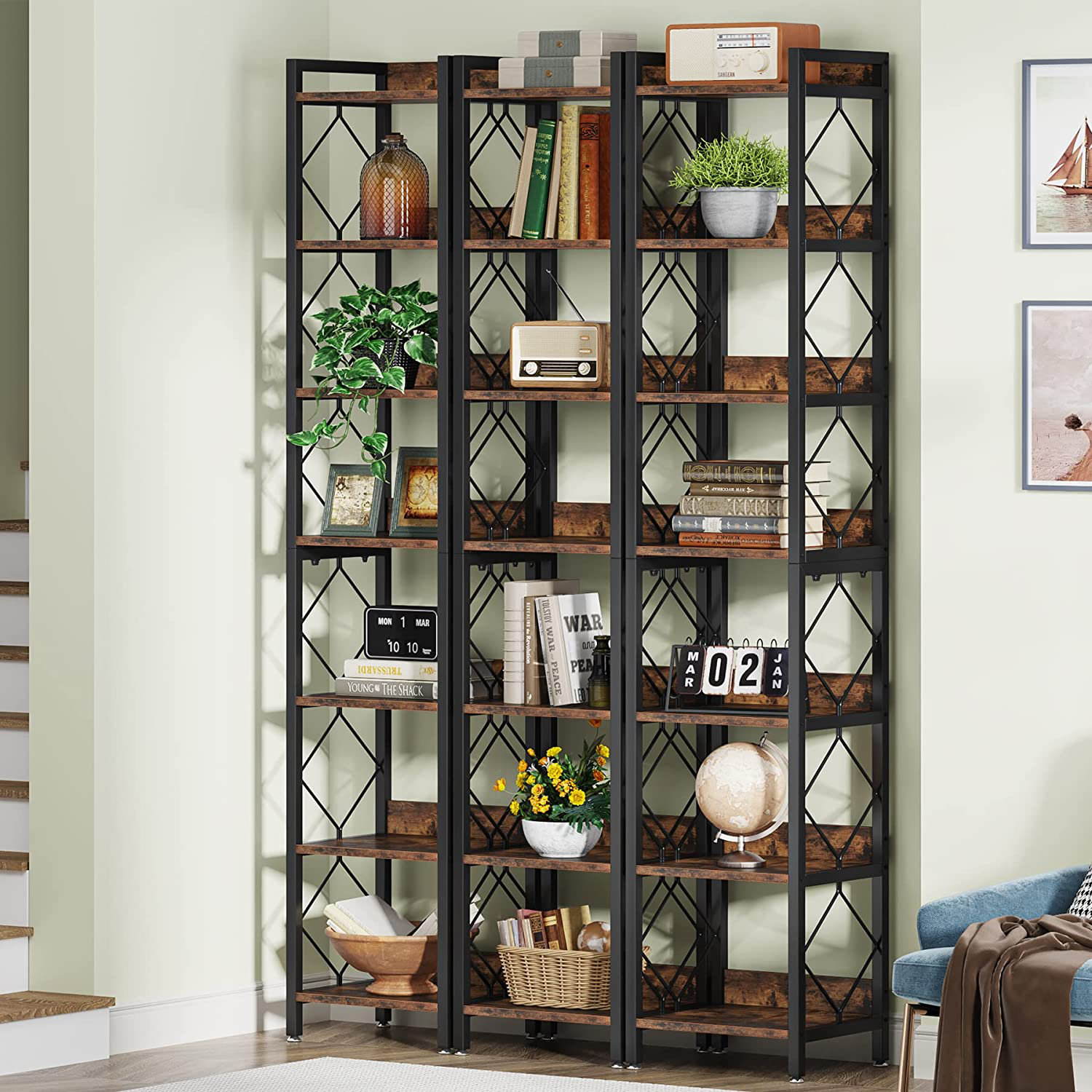 Large 8-Tier Bookcase and Bookshelf, 79 Tall Open Shelves Display Shelf for Home Office, Rustic, Size: Rustic Brown