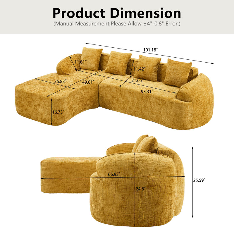 Canapé modulaire en L Chenille avec quatre coussins, Chenille jaune