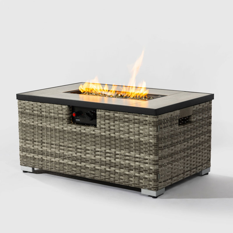 Beige Rattan and Steel Rectangular Propane Fire Pit Table