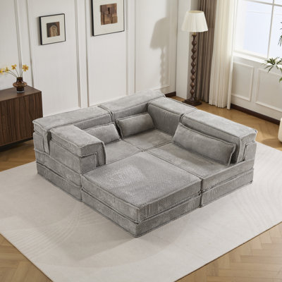 Compression Mahjong Sofa,Convertible Floor Sofa Bed,DIY Boneless Modular Sectional Sofa,No Assembly Required,Circle Fleece Fabric,Oversized 3 Seater With 1 Ottoman,Light-Grey