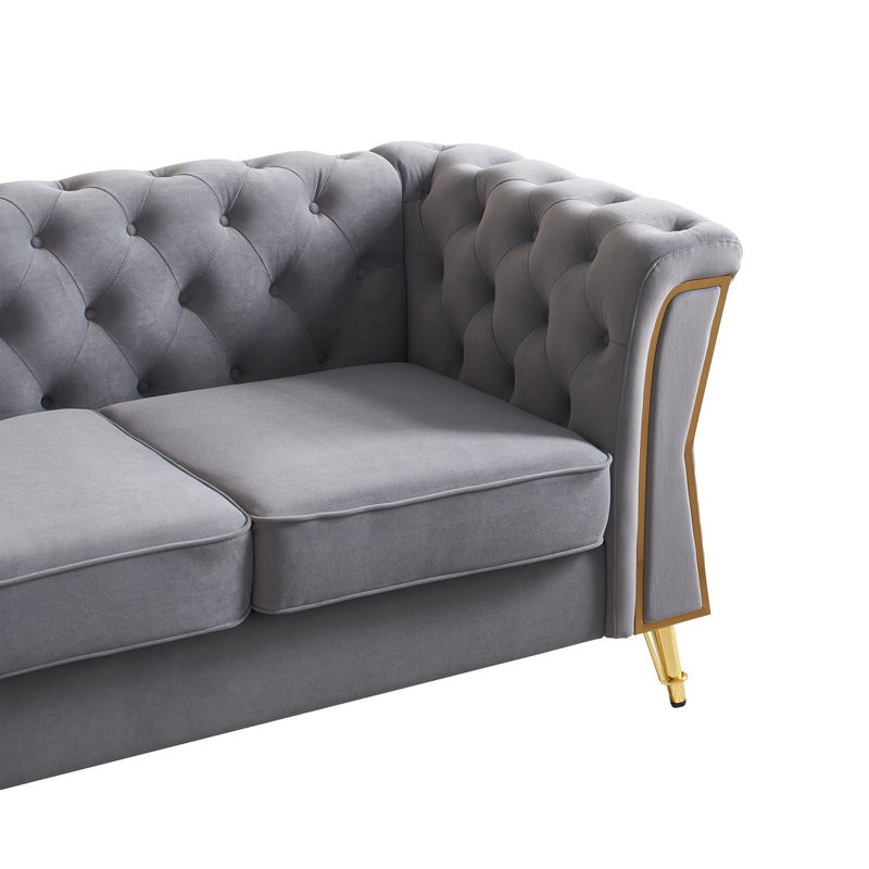 Canapé moderne en velours capitonné 87,4 pouces pour salon gris clair, Gris clair