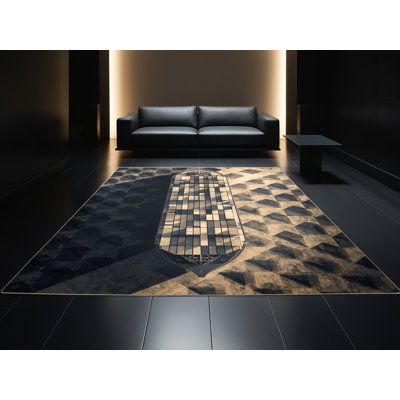 Tapis géométrique industriel gris et beige lavable à la machine