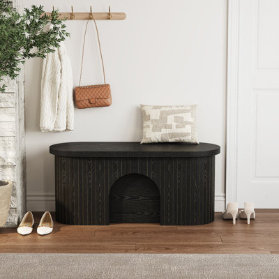 Banc ovale extensible, réglable de 100 à 240 cm, en bois veiné avec détails cannelés et rangement intégré