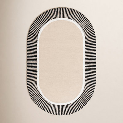 Beige Black Hand-Tufted Striped Wool Rug