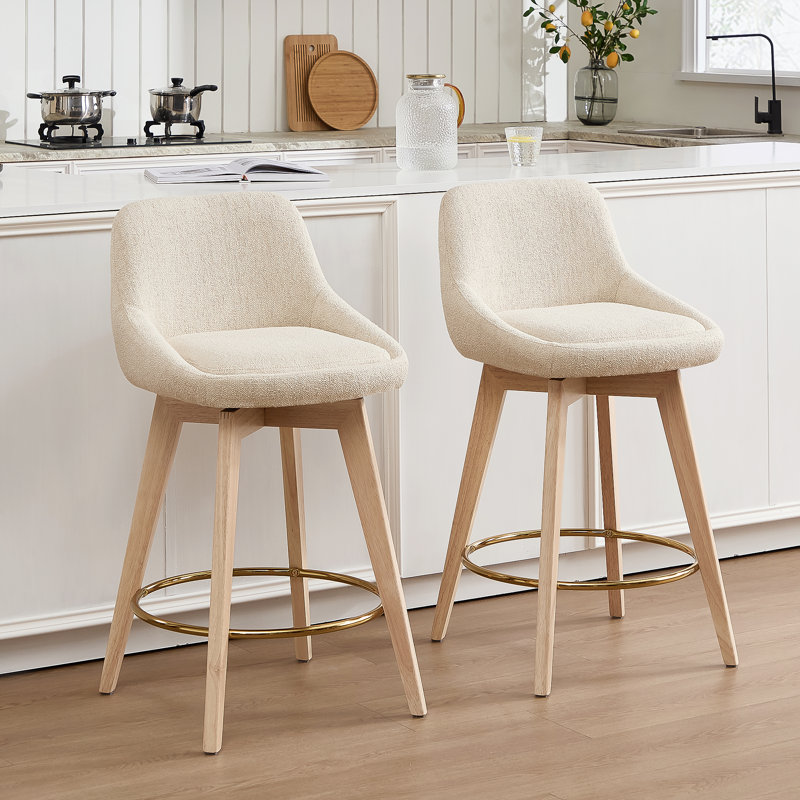 Swivel Upholstered 26.8'' Linen Counter Stool With Solid Wood Frame, Beige