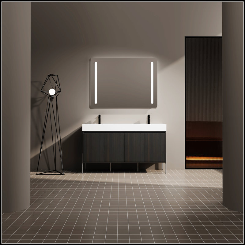 Meuble-lavabo autoportant avec lavabo double en résine et rangement spacieux, parfait pour les salles de bain modernes et organisées