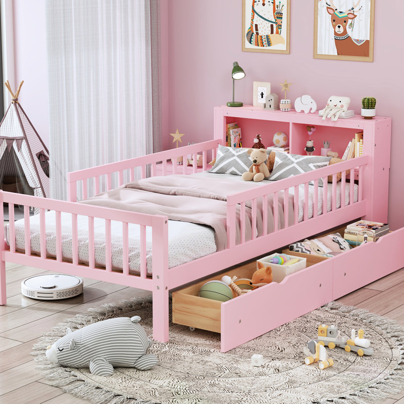 Fascinant lit simple rose avec garde-corps et espace de rangement, Rose