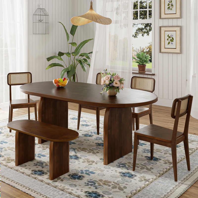 Ensemble de table de salle à manger 6 pièces avec dossier en rotin, Brun