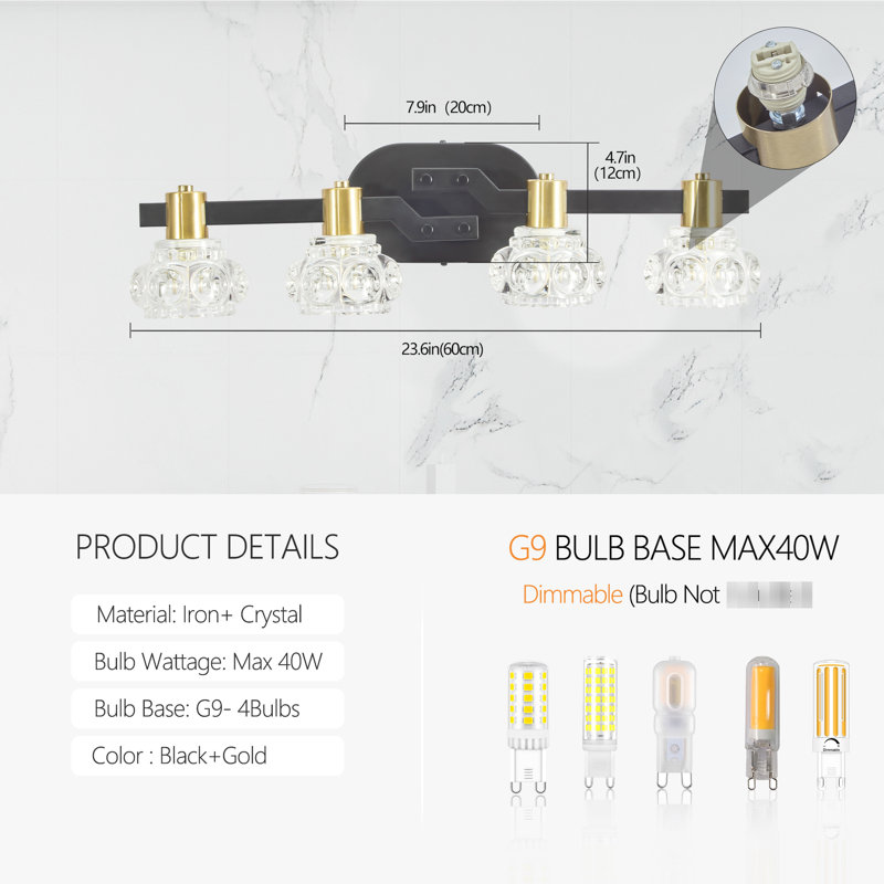 Vintage Style Wall Sconce With 4 Lights, Clear Crystal Shades, Matte Black & Golden, Bathroom Corridor, High Brightness, Simple Install 4- Crystal, Iron Finish, Retro Hallway , Energy Efficient, To
