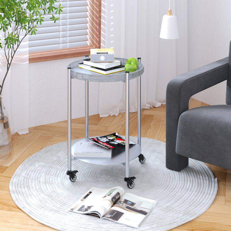 Coffee Table for Indoor, Small Round Coffee Table with Wheels 2-Tier Movable Table for Bedroom, Living Room