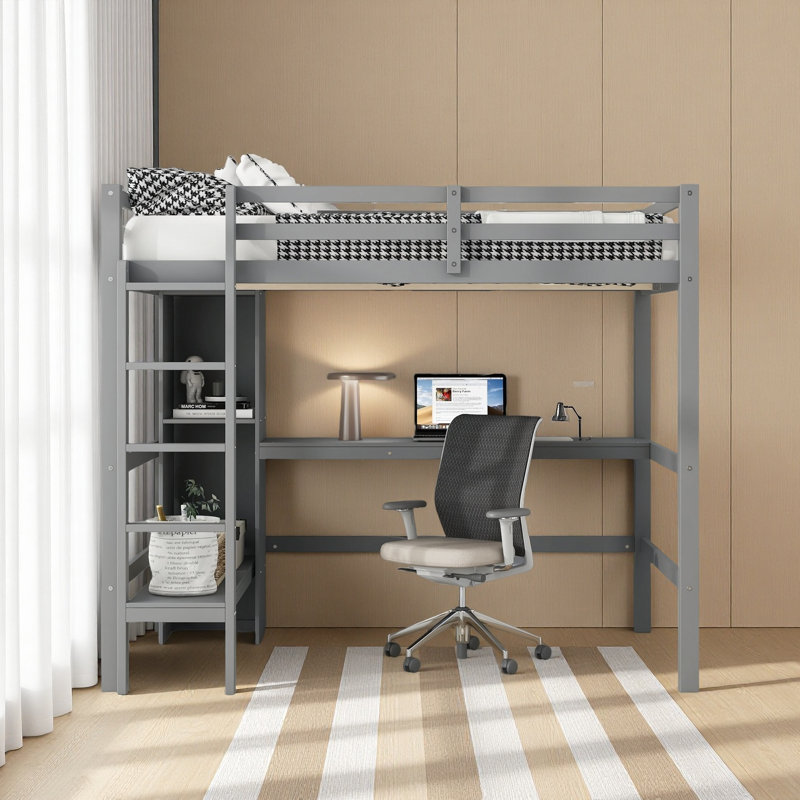 Full Size Loft Bed With Multifunction Shelves And Under-Bed Desk, Grey