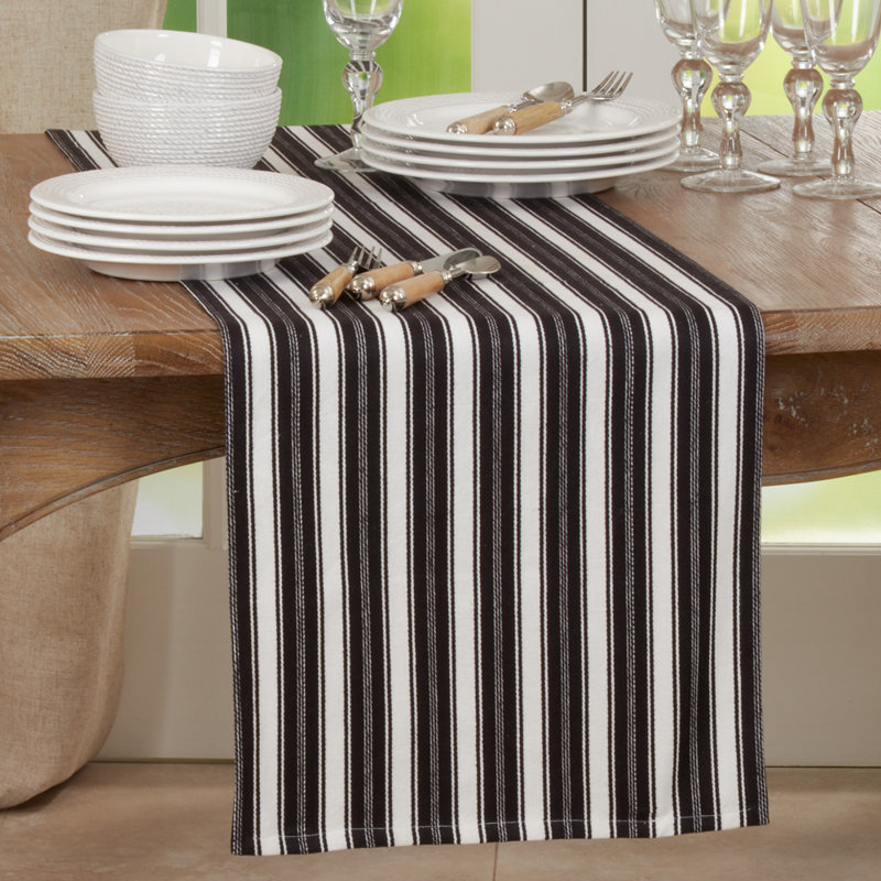 Chemin de table décoratif en coton noir et blanc classique l 16 po, L 90 po x l 16 po