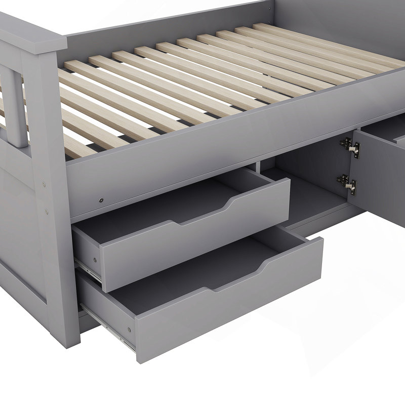 Base de lit plateforme avec bibliothèques de rangement, tablettes et tiroirs Captain, Gris