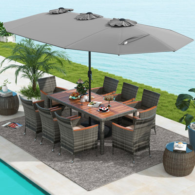 10 Pcs Patio Dining Table Chair Set With Umbrella