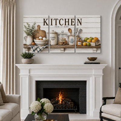 Farmhouse Kitchen Shelf with Canisters Eggs and Fruit Artwork, Kitchen Pictures, Framed Canvas Giclee Print 3 Pieces Wall Art - 24"x36"x3pcs