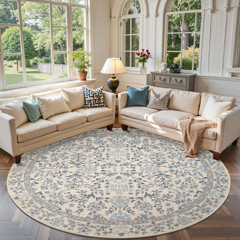 Floral Machine Washable Area Rug, Round 8', Blue
