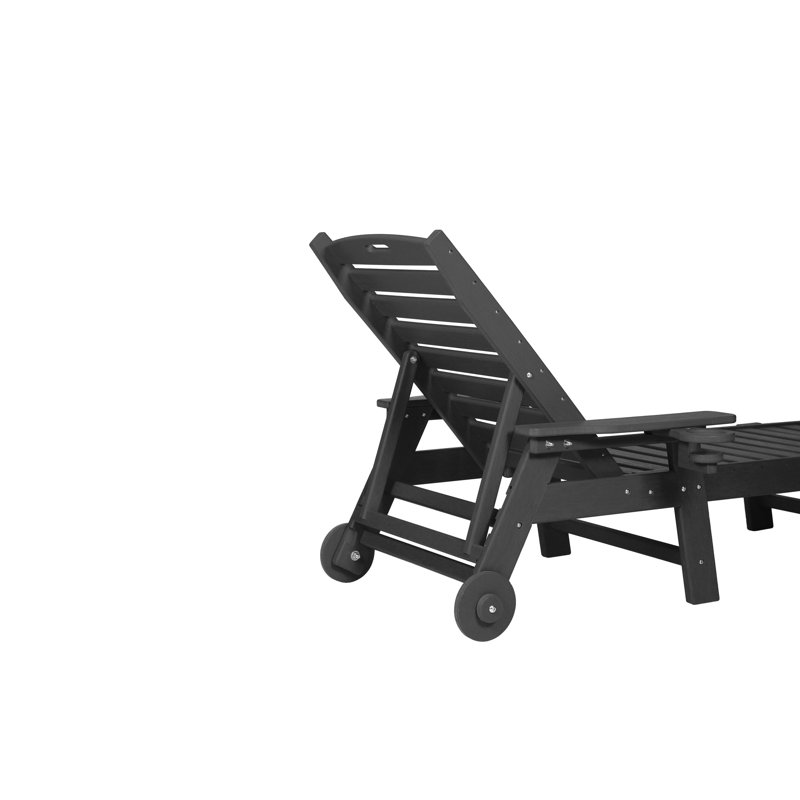 2 Outdoor Chaise Lounge Chair . Oversized 5 Chair. Patio With Wheels & Cup Holder. Black, Weather-. For Pool, Deck, Poolside. Recycled Materials. Uncomplicated Assembly. Low Maintenance.