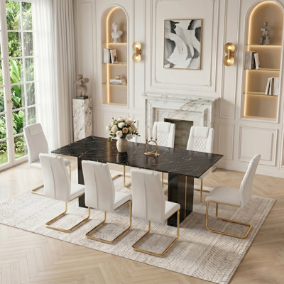 8-Person Modern Dining Table Set With PU Leather Chairs